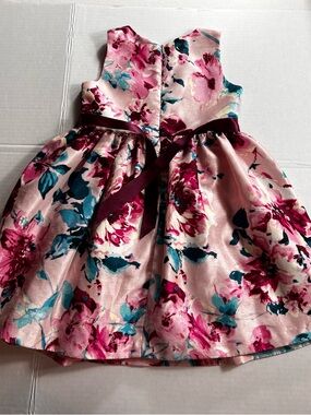 Bonnie Jean Pink Floral Satin Dress with Teal and Burgundy Accents